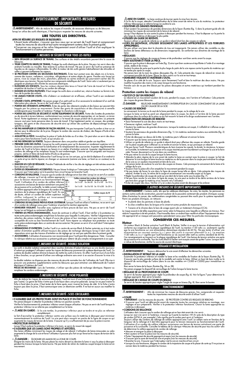 Protection contre les risques de rebond, Réglage et insta l l at i o n, Lire toutes les directives | Mesures de sécurité pour tous les outils, Mesures de sécurité : double isolat i o n, Mesures de sécurité : fiche polarisée, Mesures de sécurité : scies circulaires | Black & Decker 7358 User Manual | Page 3 / 5