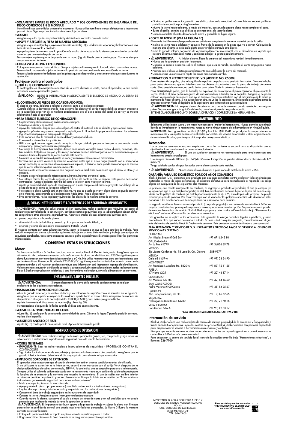 Protéjase contra el contrgolpe, Ensamblaje/ajustes iniciales, Instrucciones de operacion | Accesorios, Información de servicio | Black & Decker 7358 User Manual | Page 5 / 5