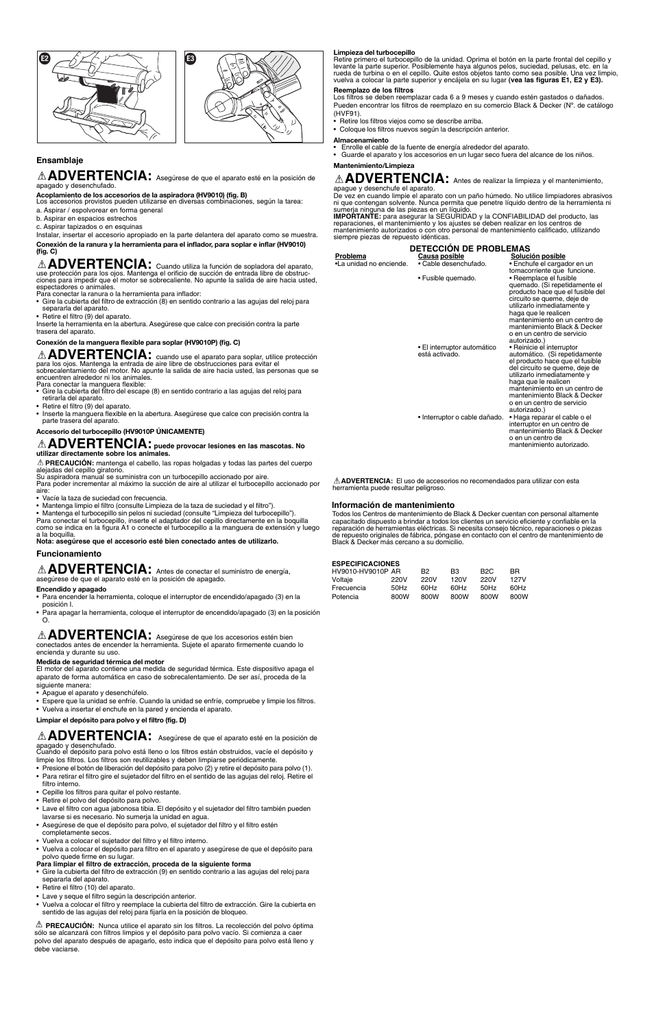 Advertencia | Black & Decker HV9010 User Manual | Page 2 / 6