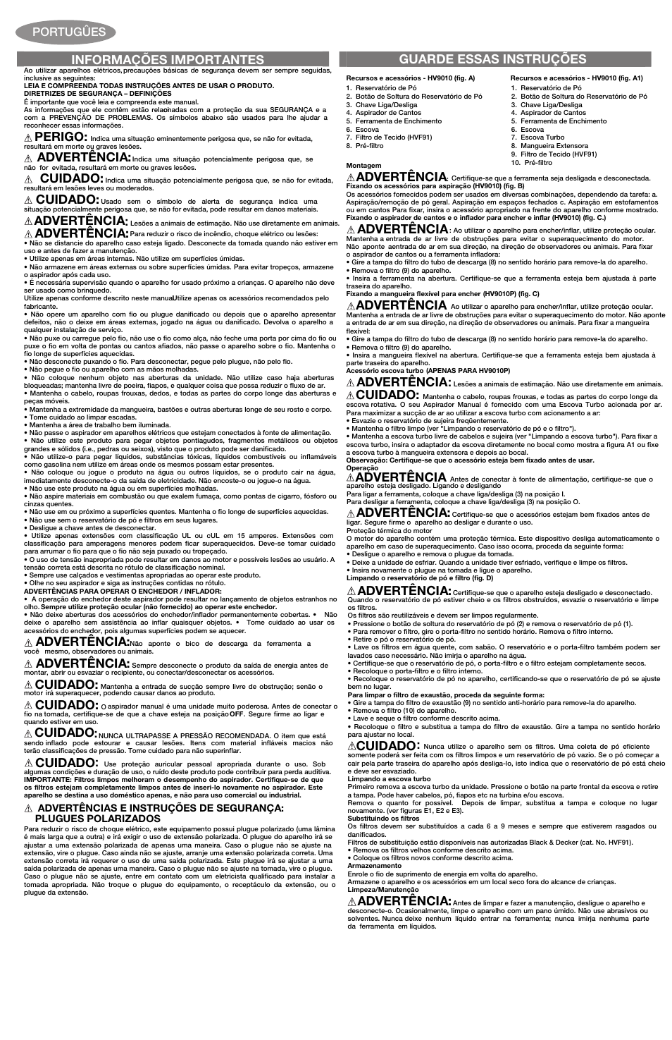 Informações importantes, Perigo, Advertência | Cuidado, Guarde essas instruções, Portugûes | Black & Decker HV9010 User Manual | Page 3 / 6