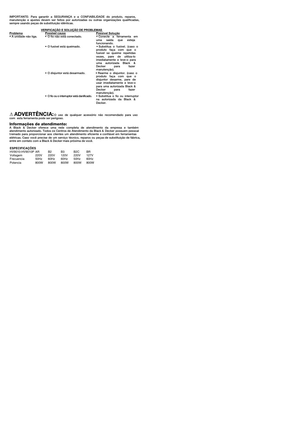 Advertência, Informações de atendimento | Black & Decker HV9010 User Manual | Page 4 / 6
