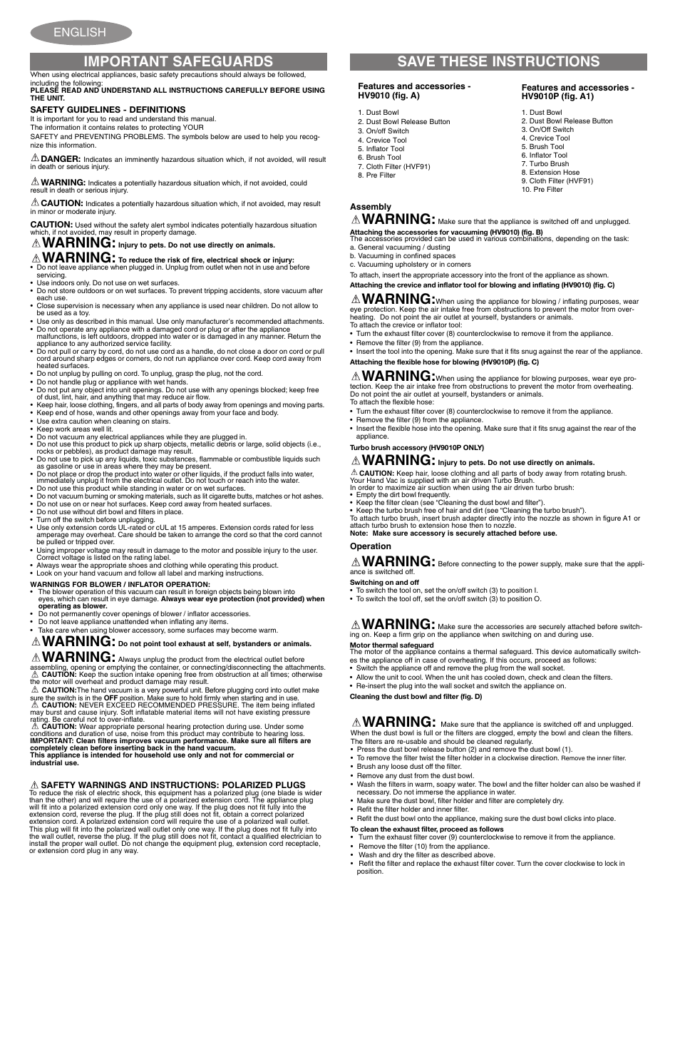 Warning, Save these instructions important safeguards, English | Black & Decker HV9010 User Manual | Page 5 / 6