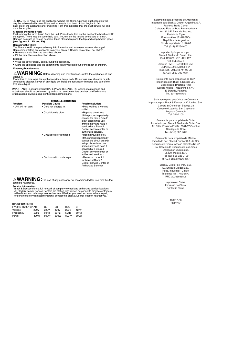 Warning | Black & Decker HV9010 User Manual | Page 6 / 6