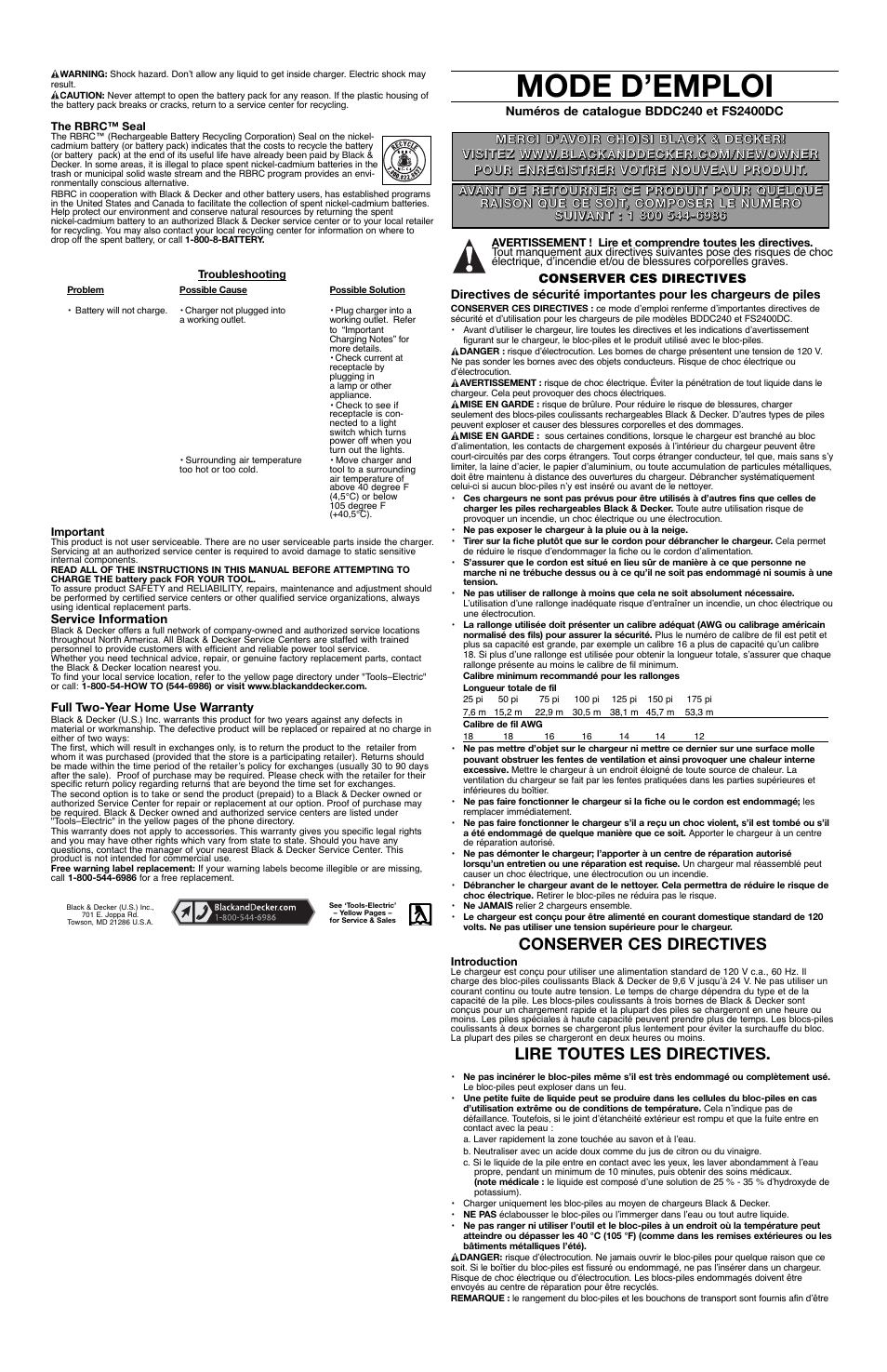 Mode d’emploi, Conserver ces directives, Lire toutes les directives | Black & Decker FS2400DC User Manual | Page 2 / 5