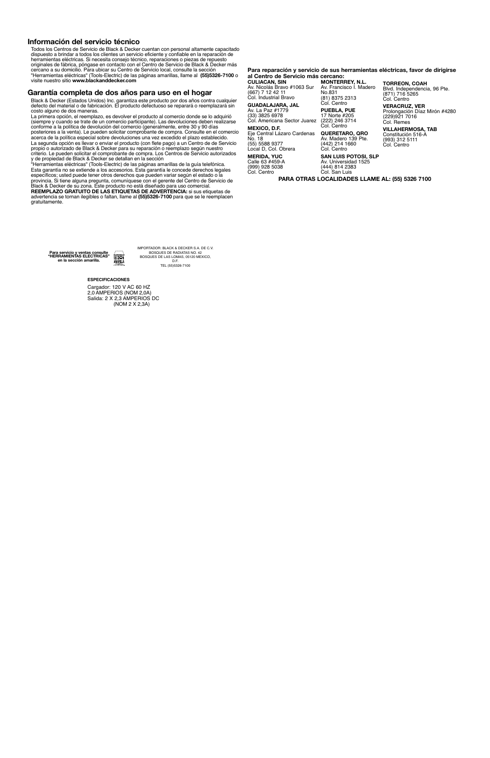 Información del servicio técnico, Garantía completa de dos años para uso en el hogar | Black & Decker FS2400DC User Manual | Page 5 / 5