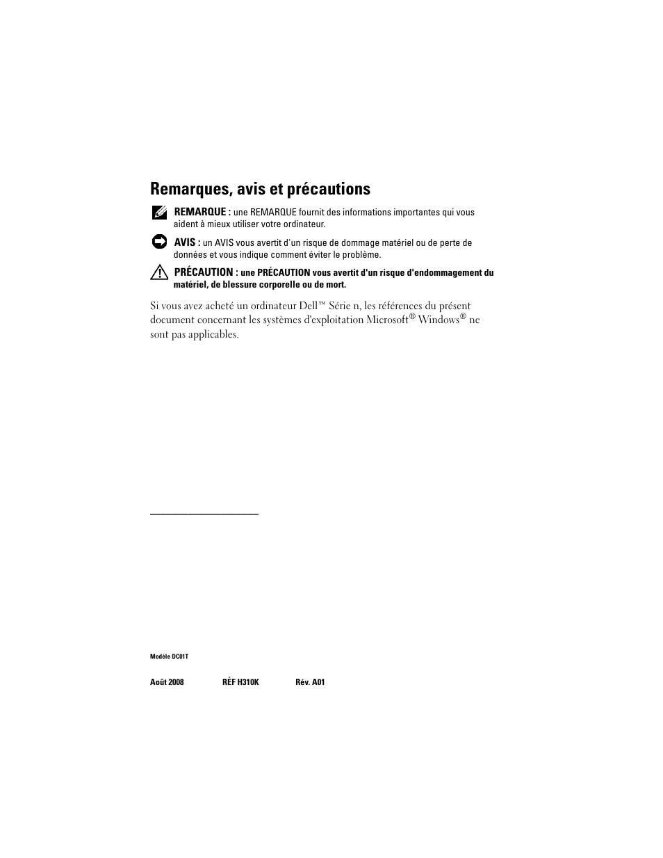 Remarques, avis et précautions | Dell OptiPlex FX160 (Late 2008) User Manual | Page 46 / 132