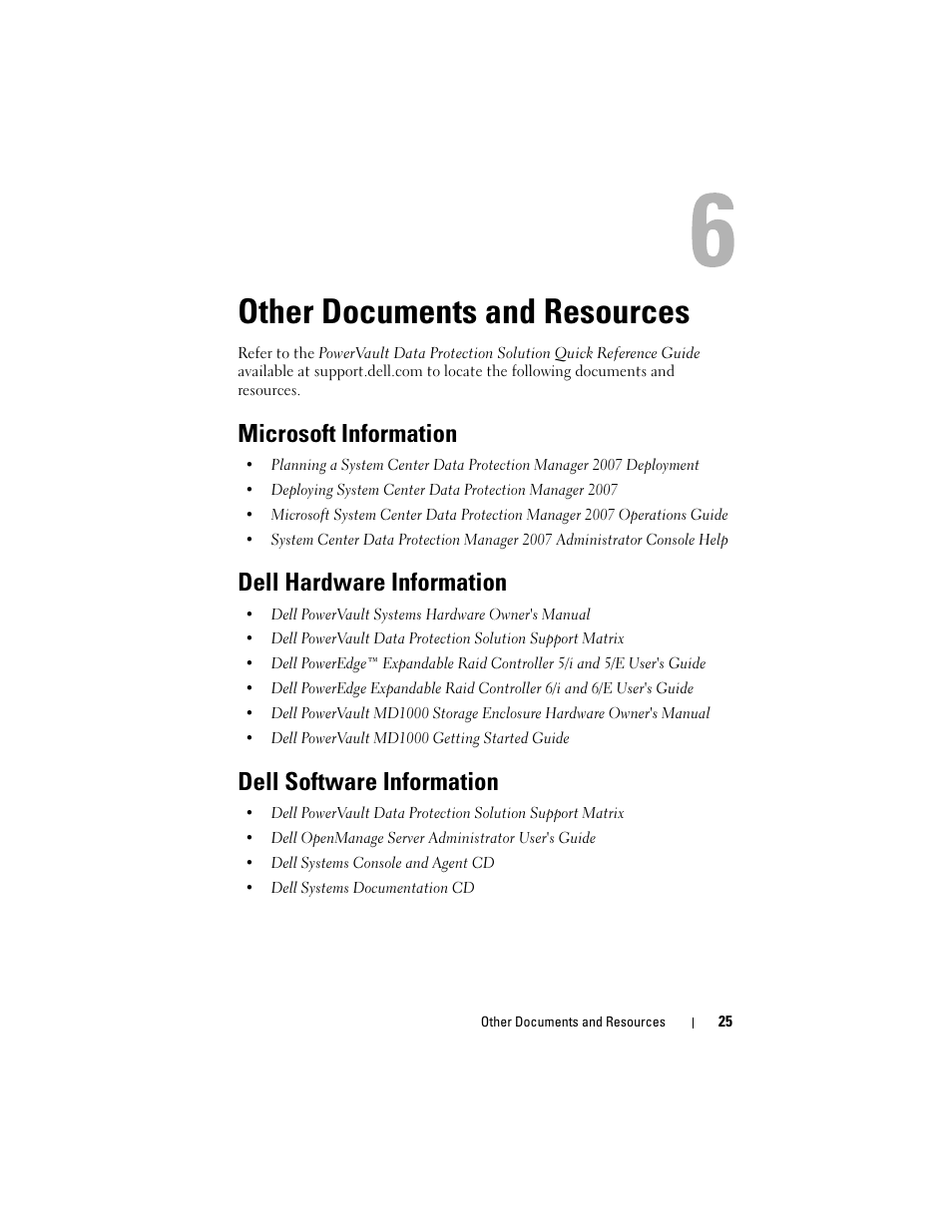 Other documents and resources, Microsoft information, Dell hardware information | Dell software information | Dell PowerVault DP500 User Manual | Page 25 / 28