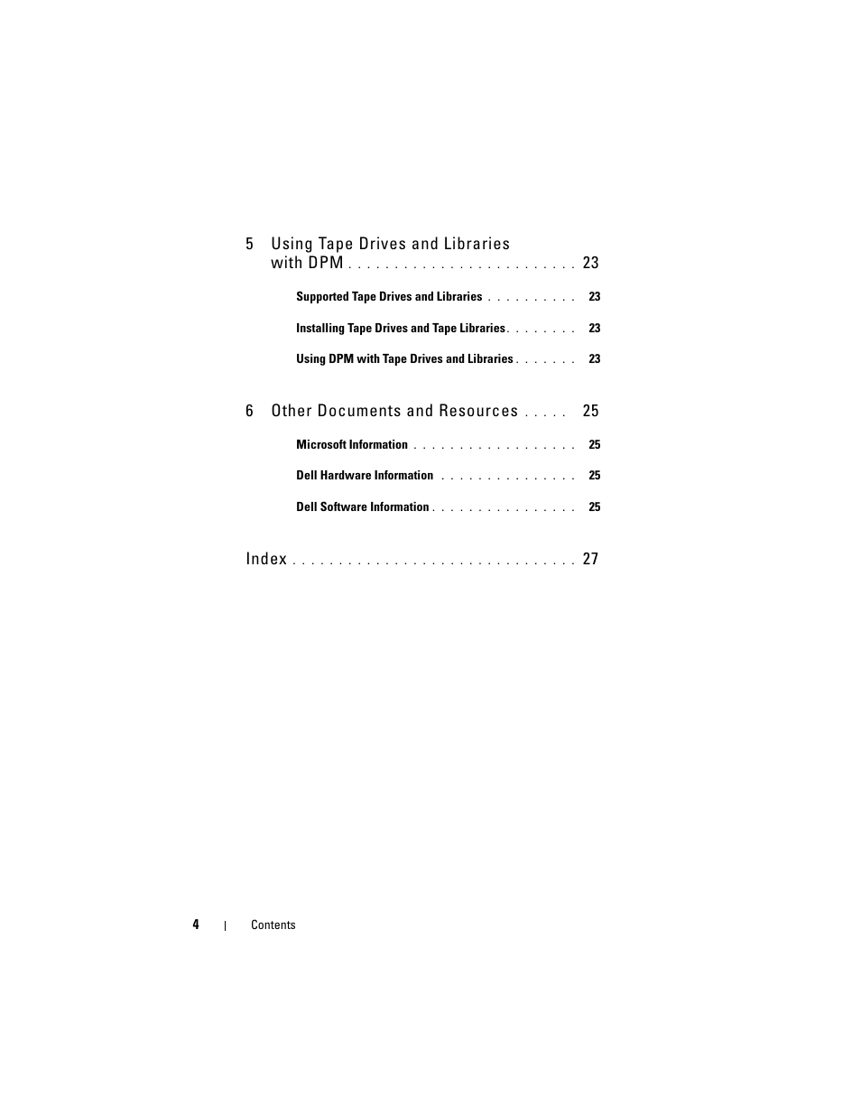 5using tape drives and libraries with dpm, 6other documents and resources, Index | Dell PowerVault DP500 User Manual | Page 4 / 28