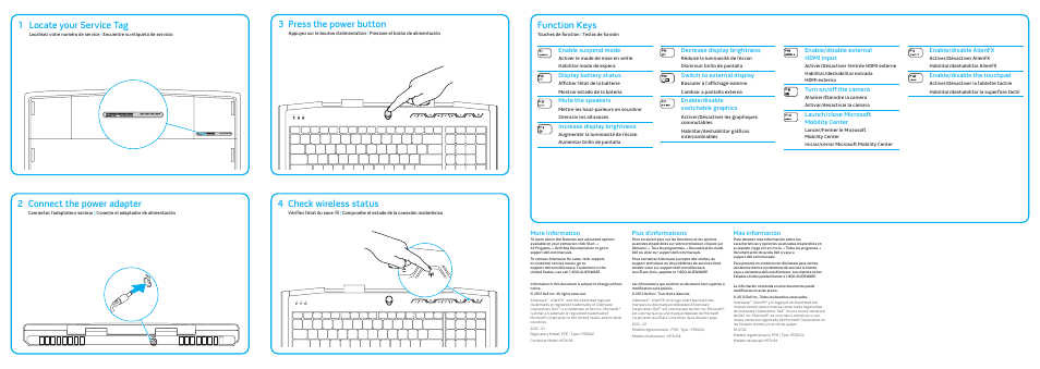 Function keys, Connect the power adapter, 2press the power button | 3check wireless status, 4locate your service tag, Enable suspend mode, Display battery status, Mute the speakers, Increase display brightness, Decrease display brightness | Dell Alienware M17x R4 (Early 2012) User Manual | Page 2 / 2