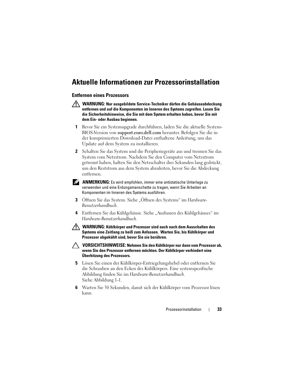 Aktuelle informationen zur prozessorinstallation, Entfernen eines prozessors | Dell PowerEdge T410 User Manual | Page 33 / 70