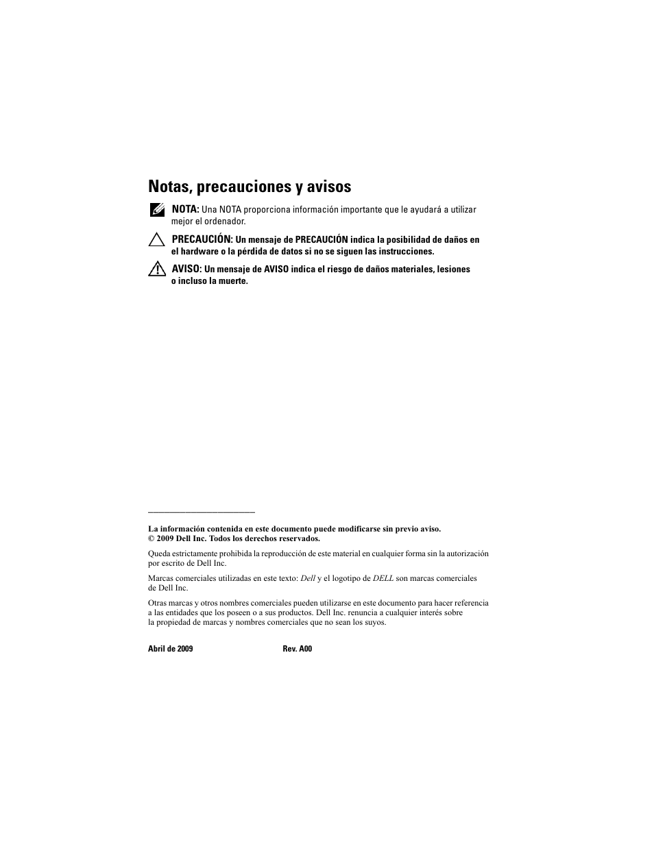 Notas, precauciones y avisos | Dell PowerEdge T410 User Manual | Page 62 / 70