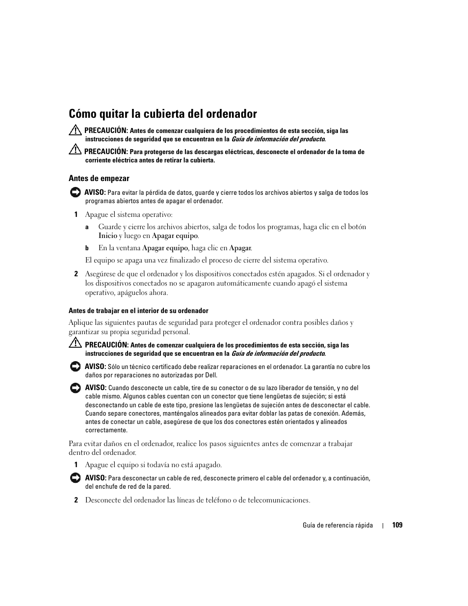 Cómo quitar la cubierta del ordenador, Antes de empezar | Dell OptiPlex GX520 User Manual | Page 109 / 136