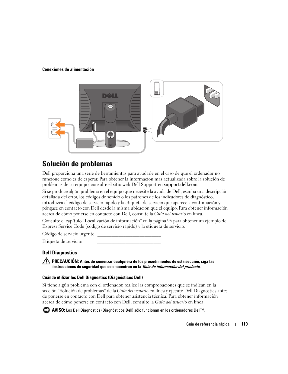 Solución de problemas, Dell diagnostics | Dell OptiPlex GX520 User Manual | Page 119 / 136