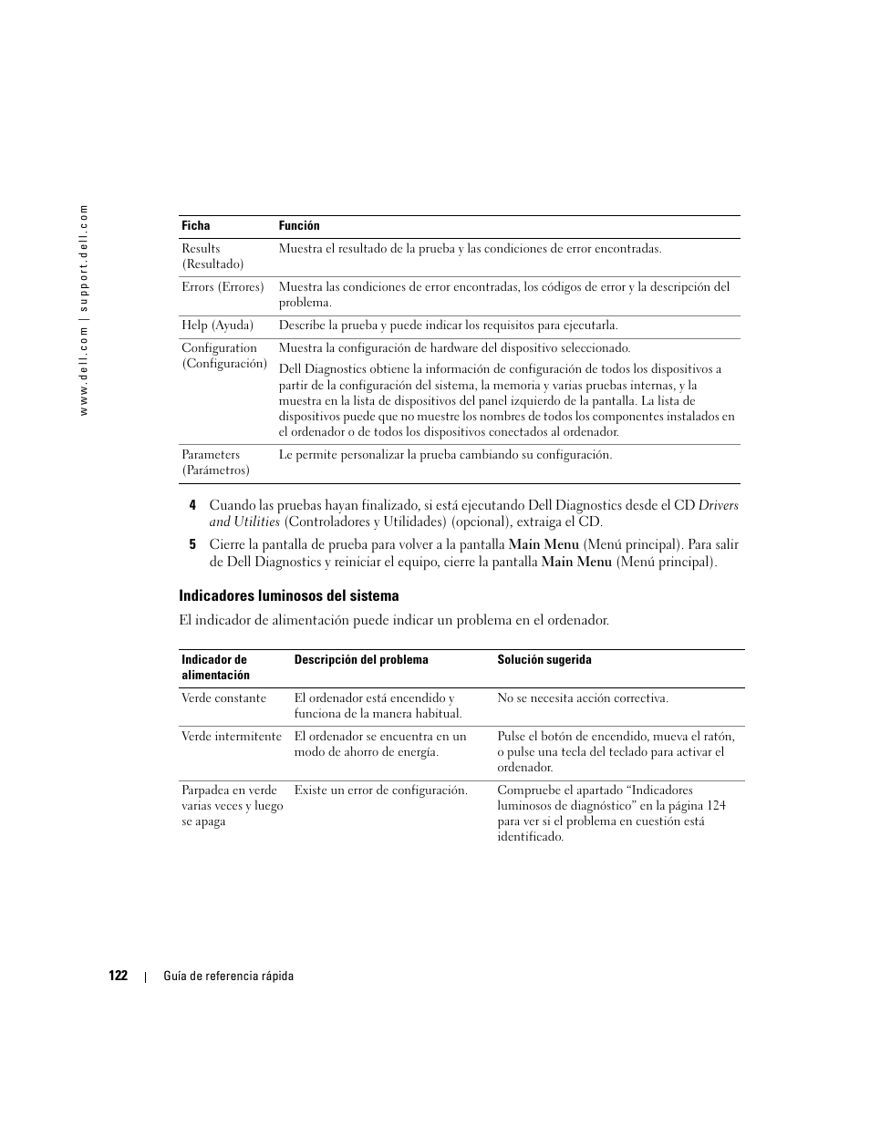 Indicadores luminosos del sistema | Dell OptiPlex GX520 User Manual | Page 122 / 136