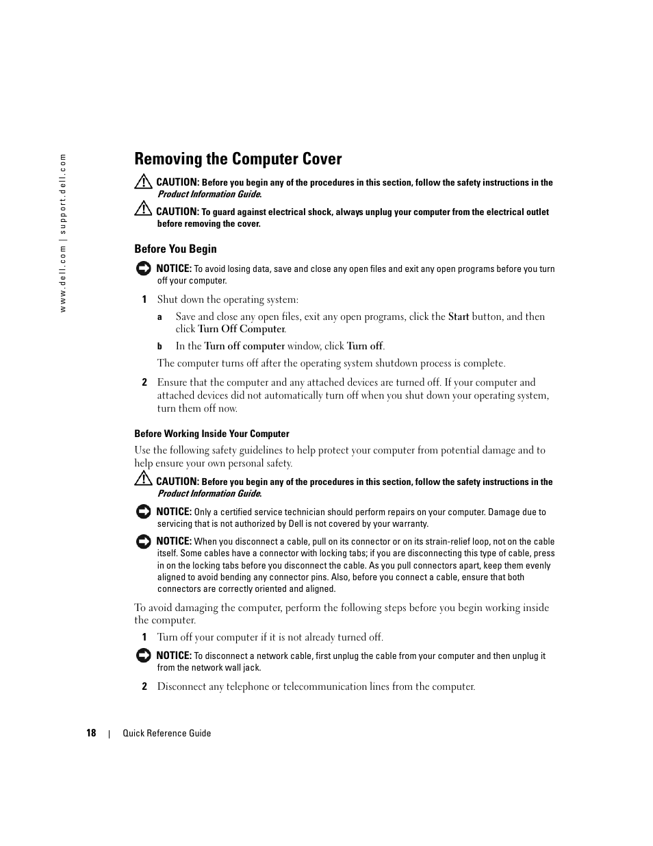 Removing the computer cover, Before you begin | Dell OptiPlex GX520 User Manual | Page 18 / 136