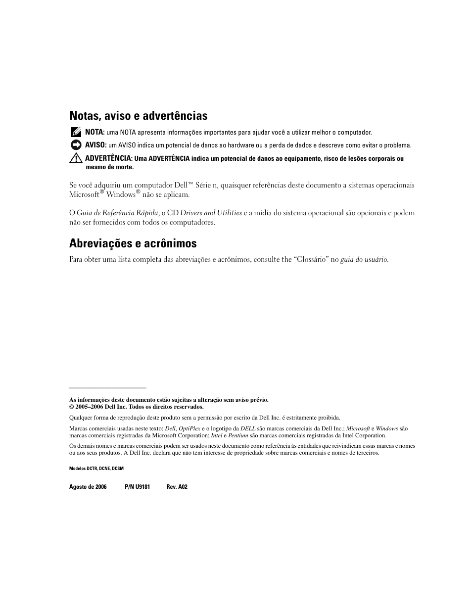 Notas, aviso e advertências, Abreviações e acrônimos | Dell OptiPlex GX520 User Manual | Page 46 / 136