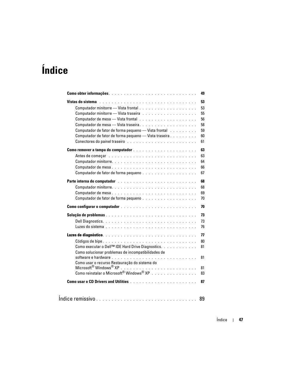 Índice, Índice remissivo | Dell OptiPlex GX520 User Manual | Page 47 / 136