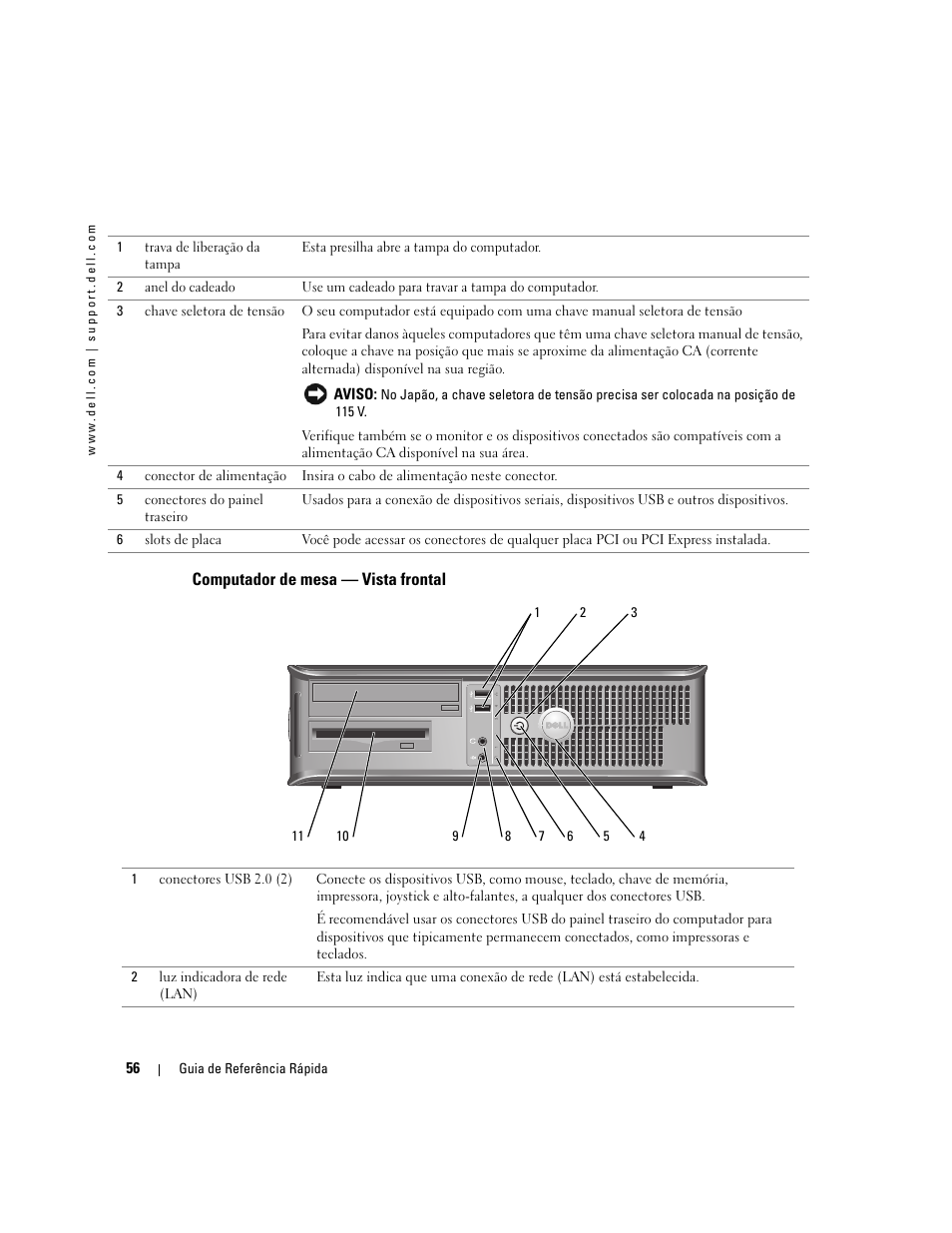 Computador de mesa - vista frontal, Computador de mesa — vista frontal | Dell OptiPlex GX520 User Manual | Page 56 / 136