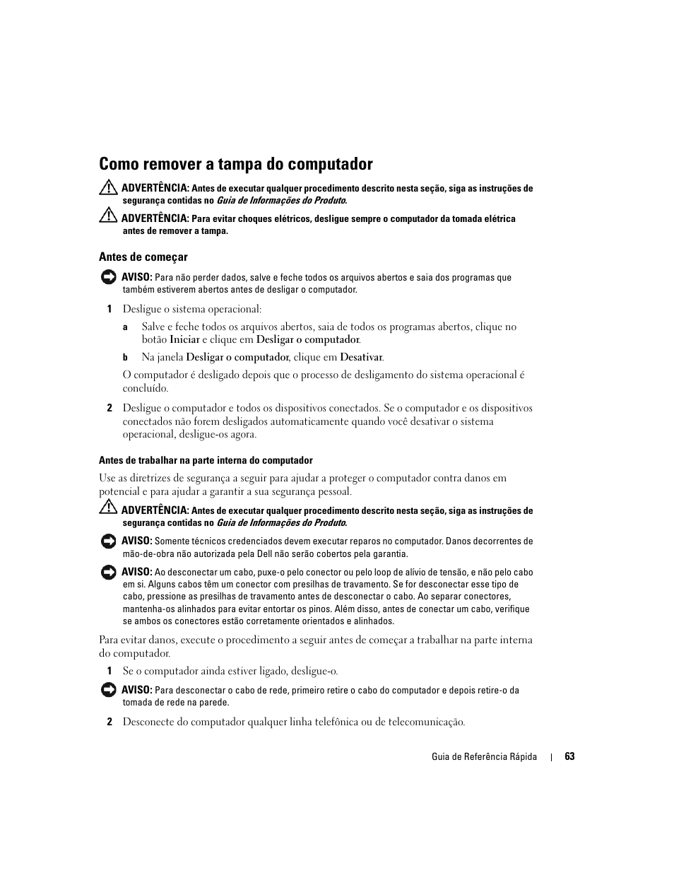 Como remover a tampa do computador, Antes de começar | Dell OptiPlex GX520 User Manual | Page 63 / 136