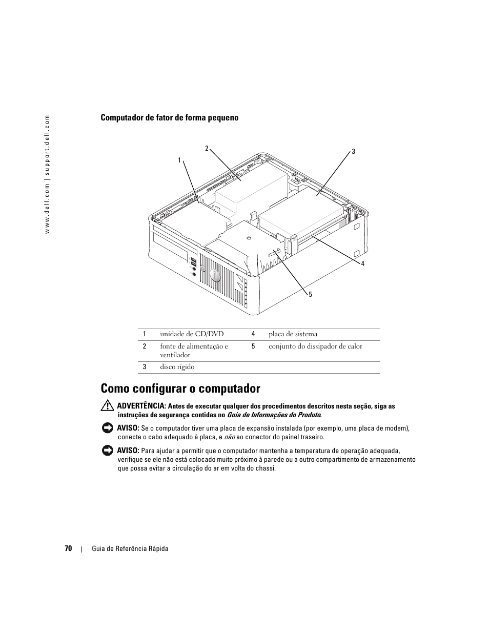 Computador de fator de forma pequeno, Como configurar o computador | Dell OptiPlex GX520 User Manual | Page 70 / 136