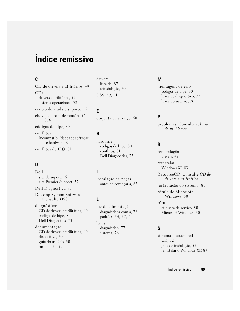 Índice remissivo | Dell OptiPlex GX520 User Manual | Page 89 / 136
