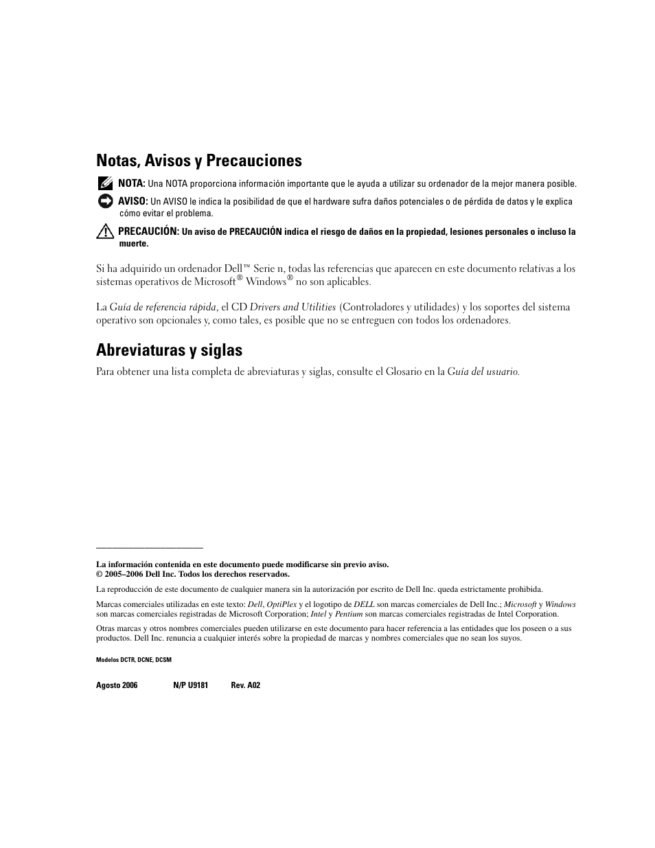 Notas, avisos y precauciones, Abreviaturas y siglas | Dell OptiPlex GX520 User Manual | Page 92 / 136