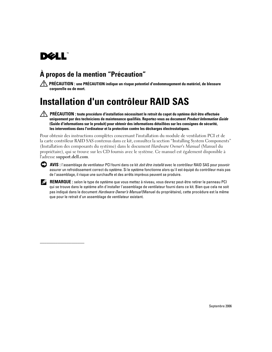 Installation d'un contrôleur raid sas, À propos de la mention “précaution | Dell POWEREDGE 840 User Manual | Page 3 / 7