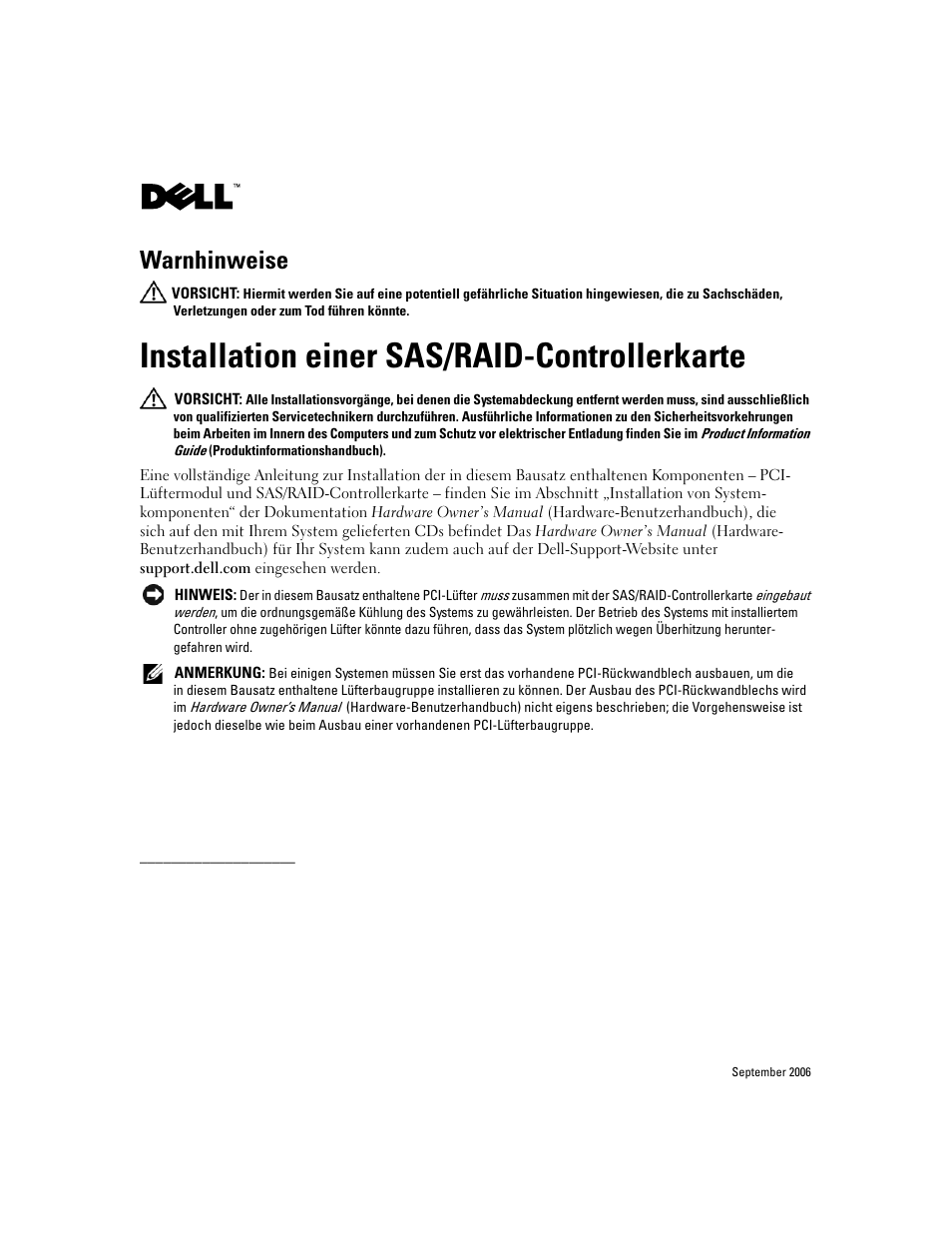 Installation einer sas/raid-controllerkarte, Warnhinweise | Dell POWEREDGE 840 User Manual | Page 4 / 7