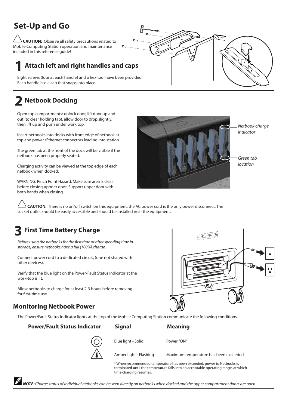 Set-up and go, Attach left and right handles and caps, Netbook docking | First time battery charge monitoring netbook power | Dell Latitude 2100 (Mid 2009) User Manual | Page 4 / 8