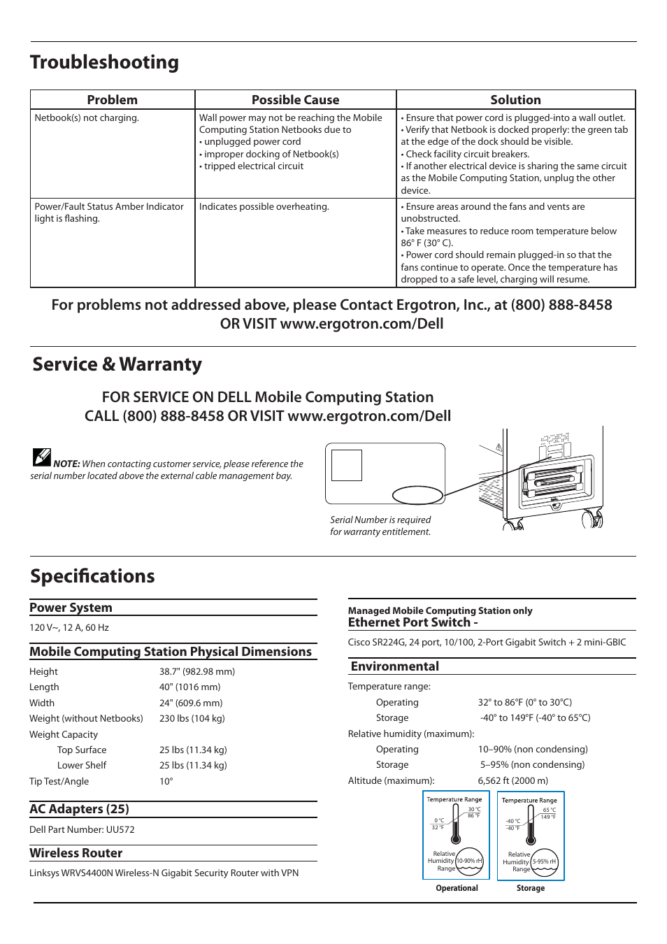 Troubleshooting, Service & warranty, Specifi cations | Problem possible cause solution, S/n 1234, Power system, Mobile computing station physical dimensions, Ac adapters (25), Wireless router, Ethernet port switch | Dell Latitude 2100 (Mid 2009) User Manual | Page 5 / 8