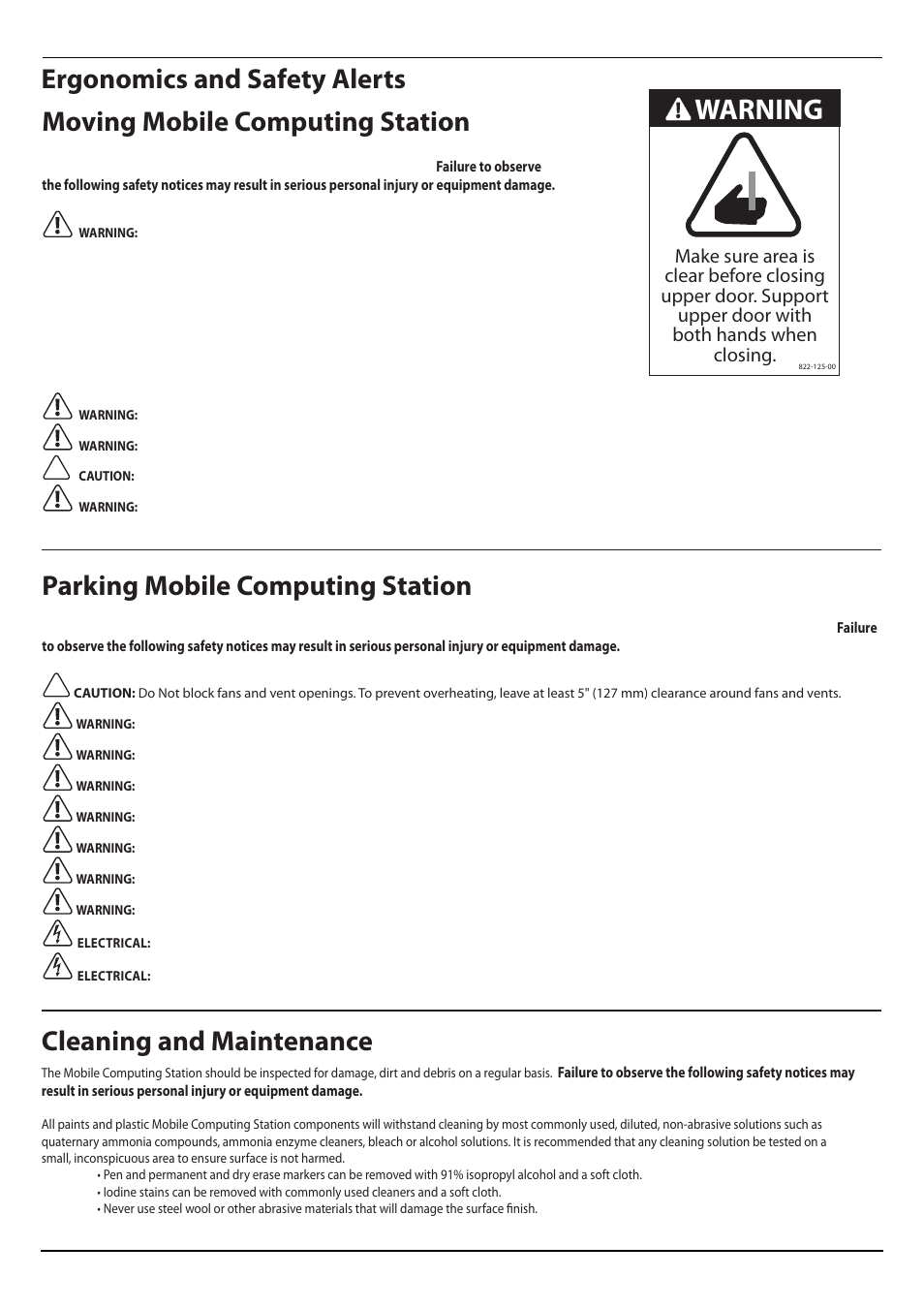 Warning, Moving mobile computing station, Parking mobile computing station | Cleaning and maintenance, Ergonomics and safety alerts | Dell Latitude 2100 (Mid 2009) User Manual | Page 6 / 8