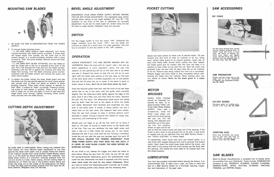 Mounting saw blades, Bevel angle adjustment, Switch | Operation, Pocket cutting, Saw accessories, Motor brushes, Lubrication, Pocket cutting saw accessories | Black & Decker 3009 User Manual | Page 2 / 2