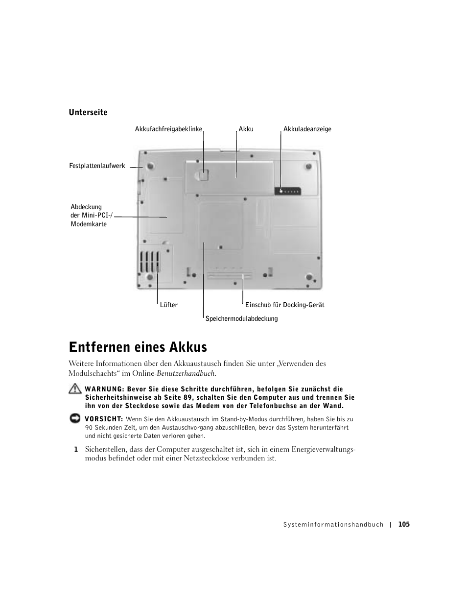 Unterseite, Entfernen eines akkus | Dell Precision M60 User Manual | Page 107 / 200