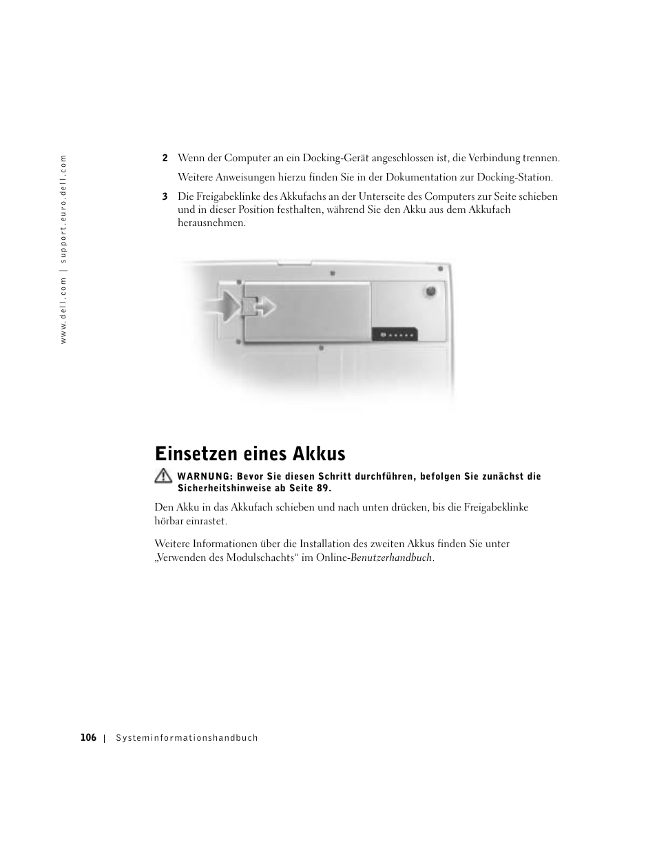 Einsetzen eines akkus | Dell Precision M60 User Manual | Page 108 / 200