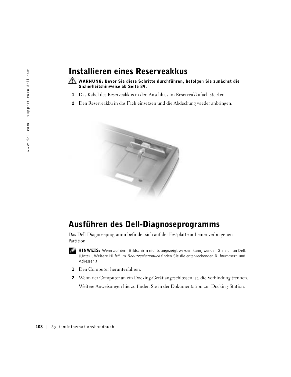 Installieren eines reserveakkus, Ausführen des dell-diagnoseprogramms | Dell Precision M60 User Manual | Page 110 / 200