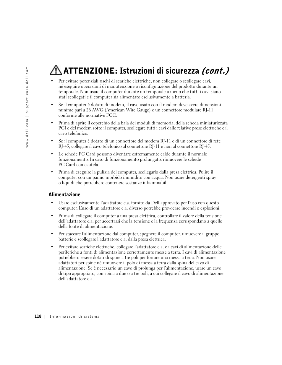 Alimentazione, Attenzione: istruzioni di sicurezza (cont.) | Dell Precision M60 User Manual | Page 120 / 200