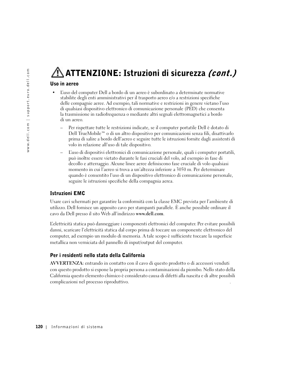 Uso in aereo, Istruzioni emc, Per i residenti nello stato della california | Attenzione: istruzioni di sicurezza (cont.) | Dell Precision M60 User Manual | Page 122 / 200