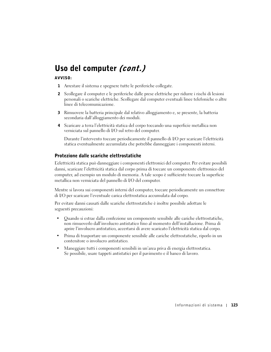 Protezione dalle scariche elettrostatiche, Uso del computer (cont.) | Dell Precision M60 User Manual | Page 125 / 200