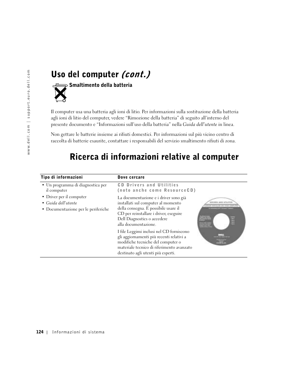 Smaltimento della batteria, Ricerca di informazioni relative al computer, Uso del computer (cont.) | Dell Precision M60 User Manual | Page 126 / 200