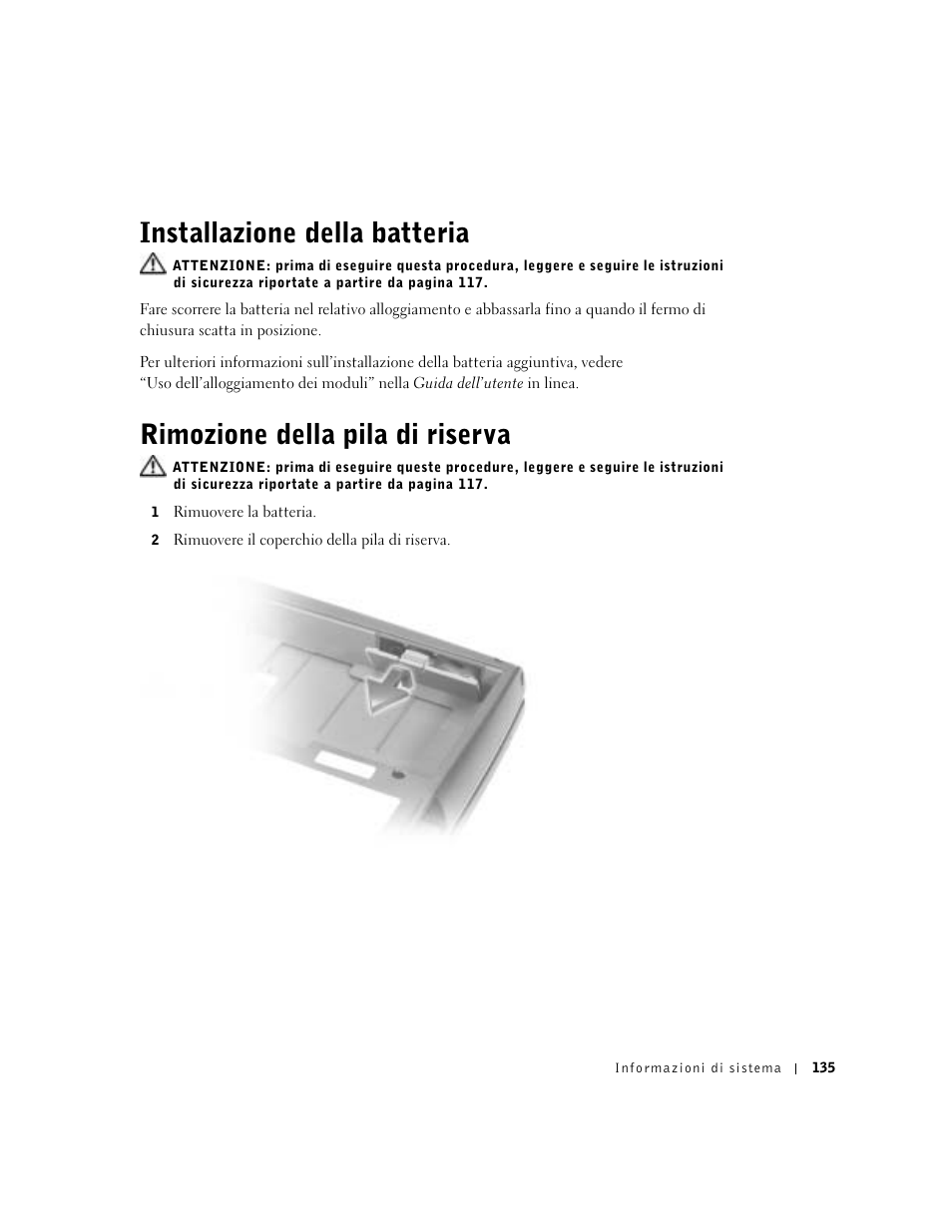 Installazione della batteria, Rimozione della pila di riserva | Dell Precision M60 User Manual | Page 137 / 200