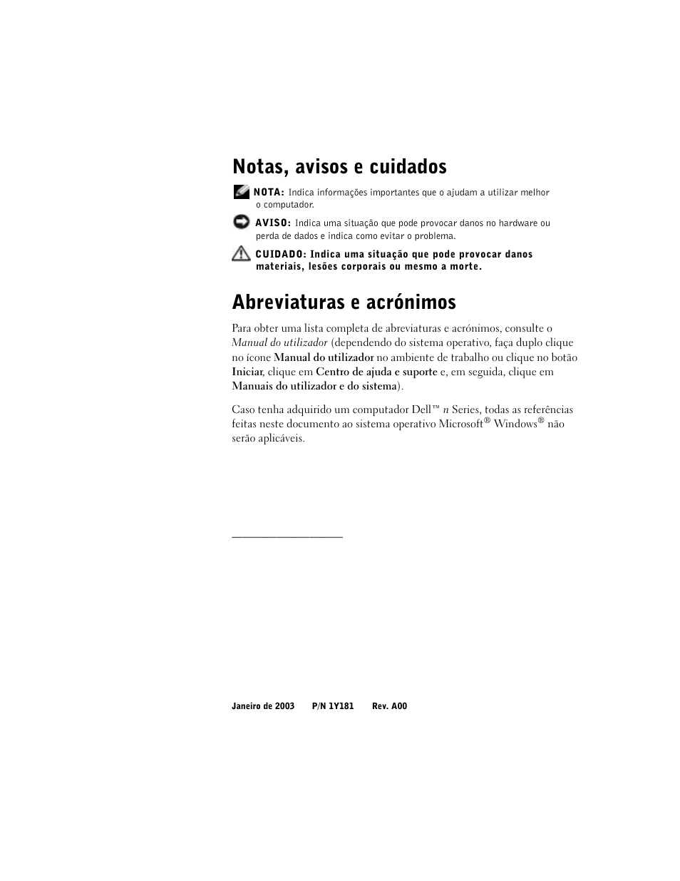 Notas, avisos e cuidados, Abreviaturas e acrónimos | Dell Precision M60 User Manual | Page 144 / 200