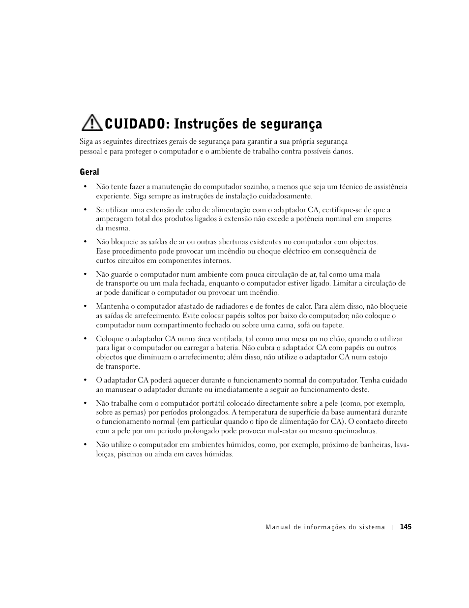 Cuidado: instruções de segurança, Geral | Dell Precision M60 User Manual | Page 147 / 200