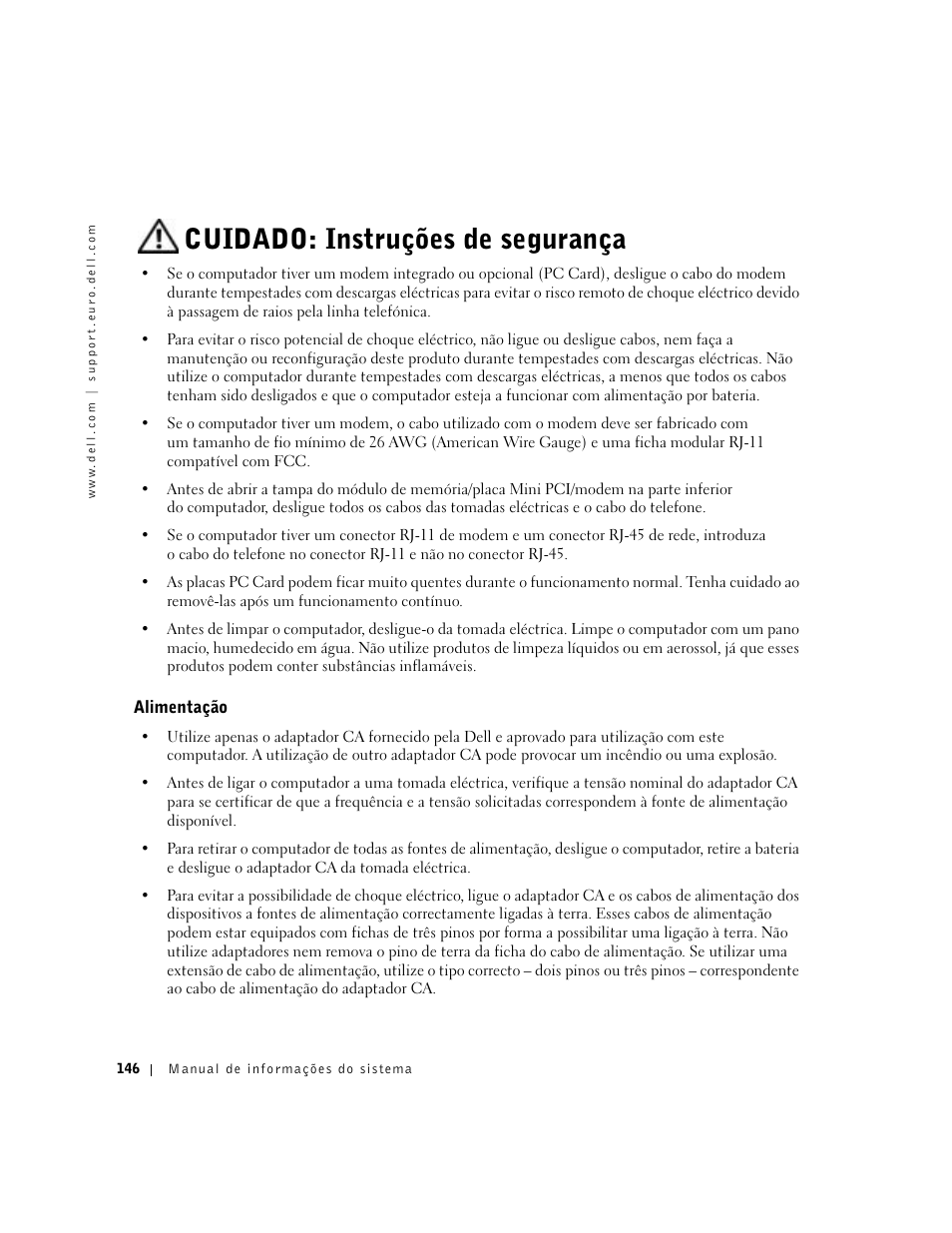 Alimentação, Cuidado: instruções de segurança | Dell Precision M60 User Manual | Page 148 / 200