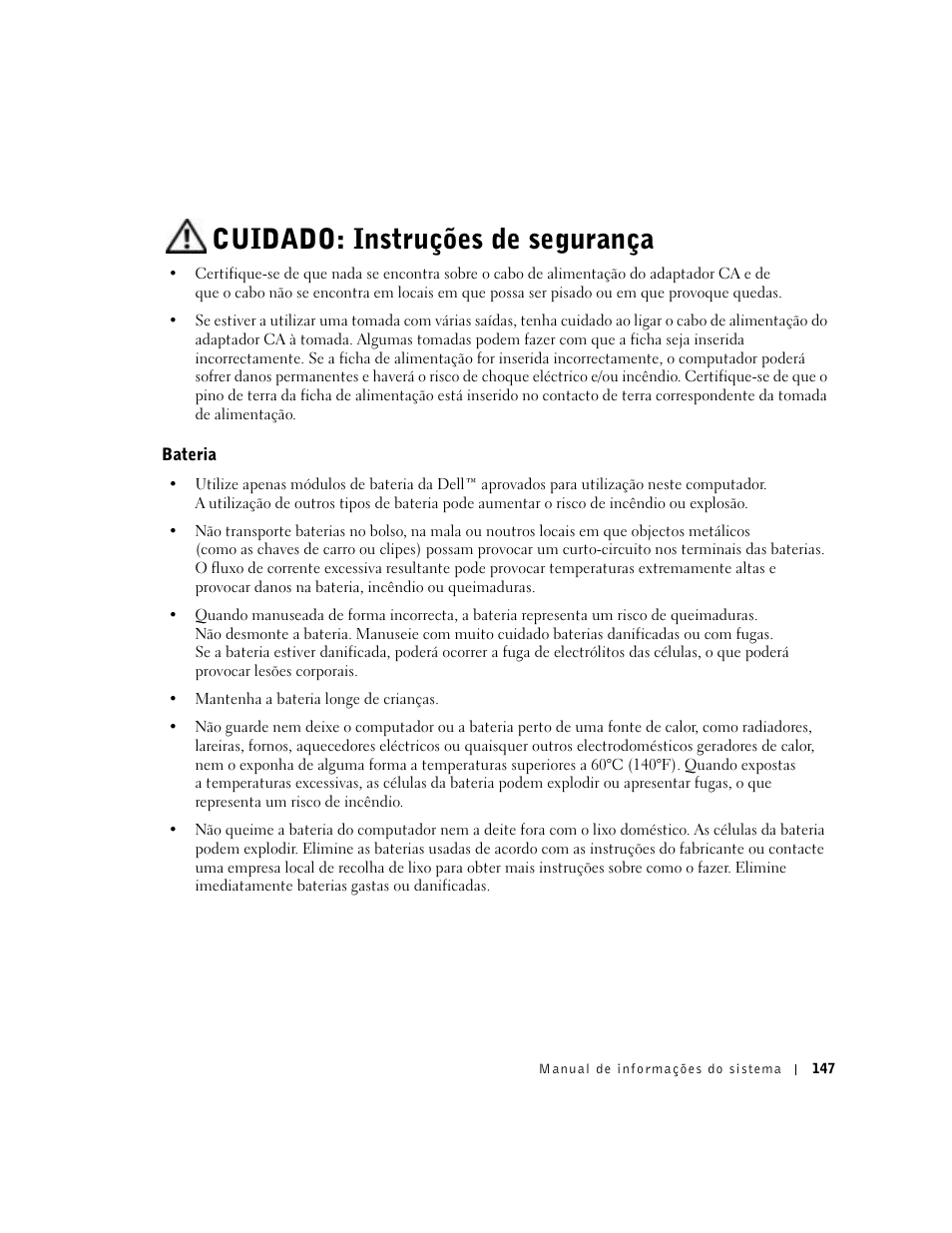 Bateria, Cuidado: instruções de segurança | Dell Precision M60 User Manual | Page 149 / 200