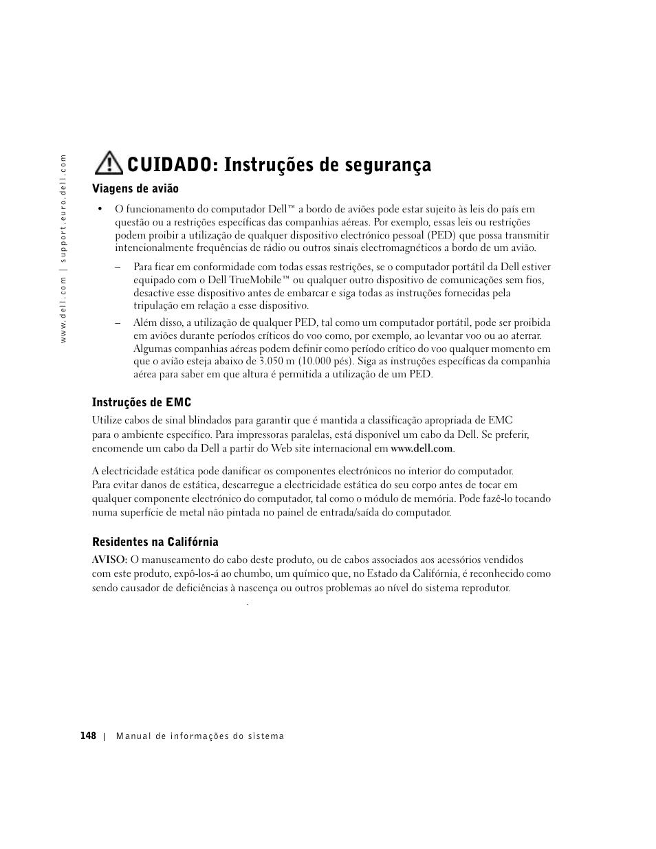 Viagens de avião, Instruções de emc, Residentes na califórnia | Cuidado: instruções de segurança | Dell Precision M60 User Manual | Page 150 / 200