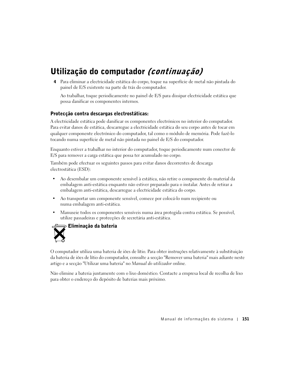 Protecção contra descargas electrostáticas, Eliminação da bateria, Utilização do computador (continuação) | Dell Precision M60 User Manual | Page 153 / 200