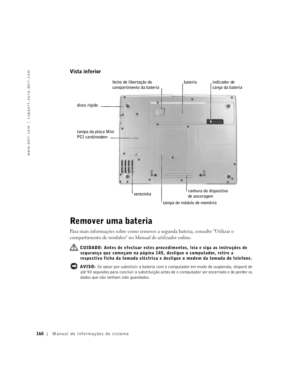 Vista inferior, Remover uma bateria | Dell Precision M60 User Manual | Page 162 / 200