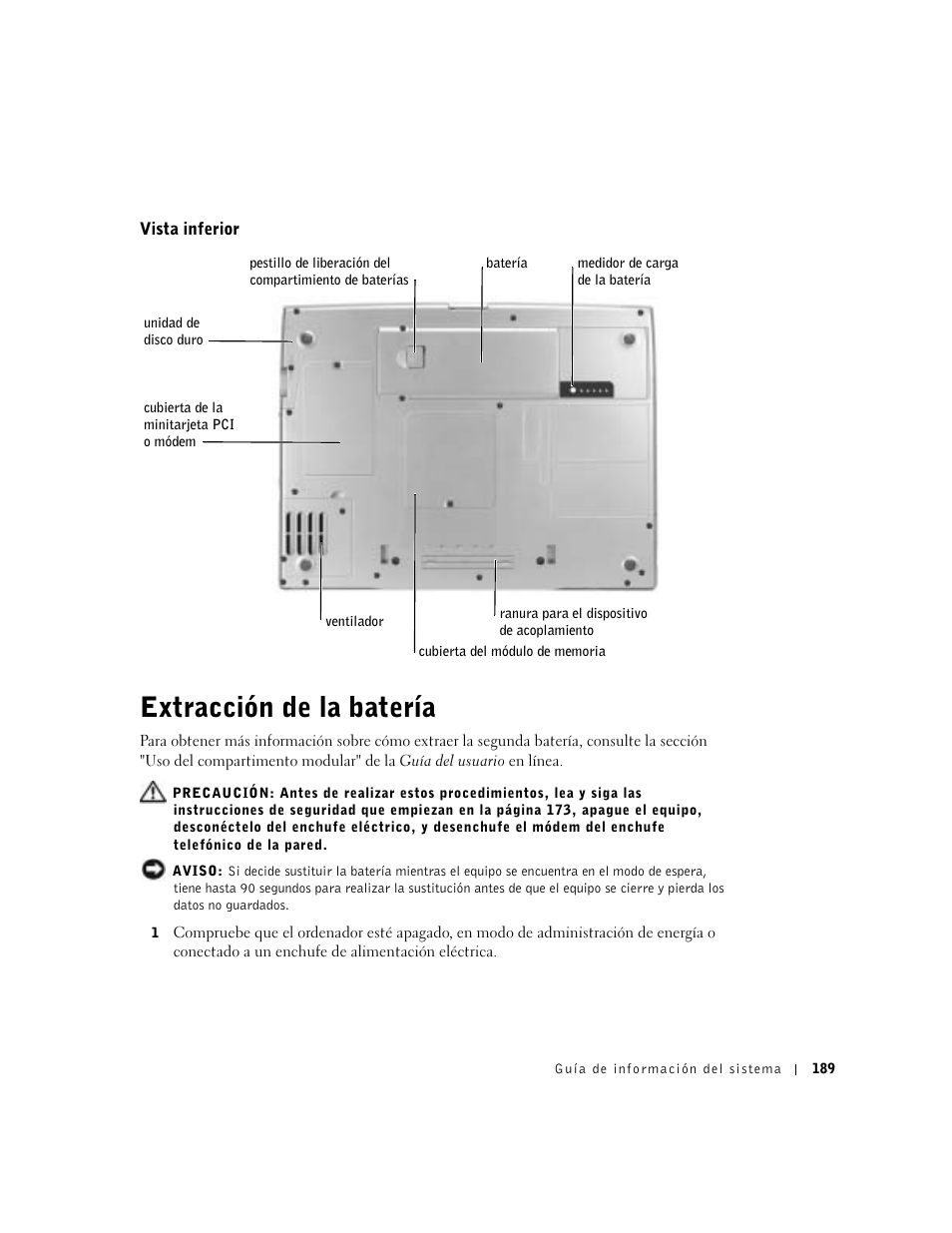 Vista inferior, Extracción de la batería | Dell Precision M60 User Manual | Page 191 / 200