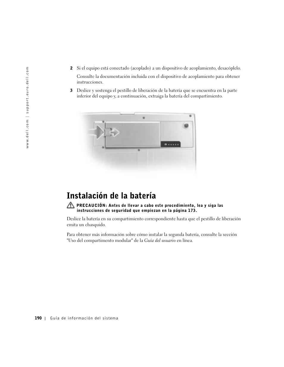 Instalación de la batería | Dell Precision M60 User Manual | Page 192 / 200