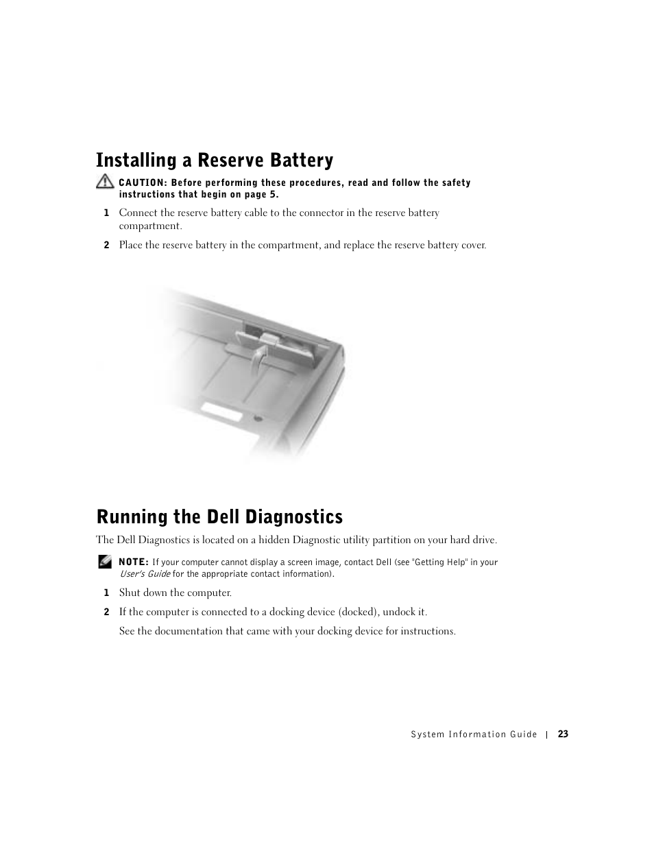 Installing a reserve battery, Running the dell diagnostics | Dell Precision M60 User Manual | Page 25 / 200